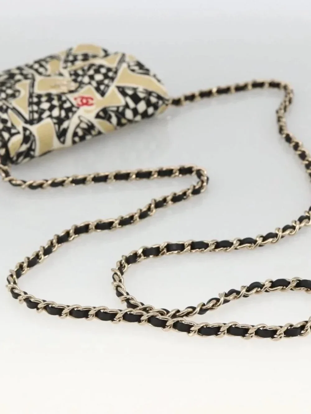 CHANEL Chain Mini Matelasse 12 Shoulder Bag Satin Beige Gold CC Auth LNZ407M